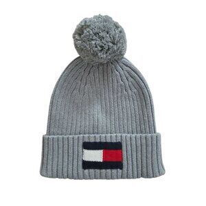 Tommy Hilfiger Grey Pom-Pom Knit Flag Beanie Hat OS